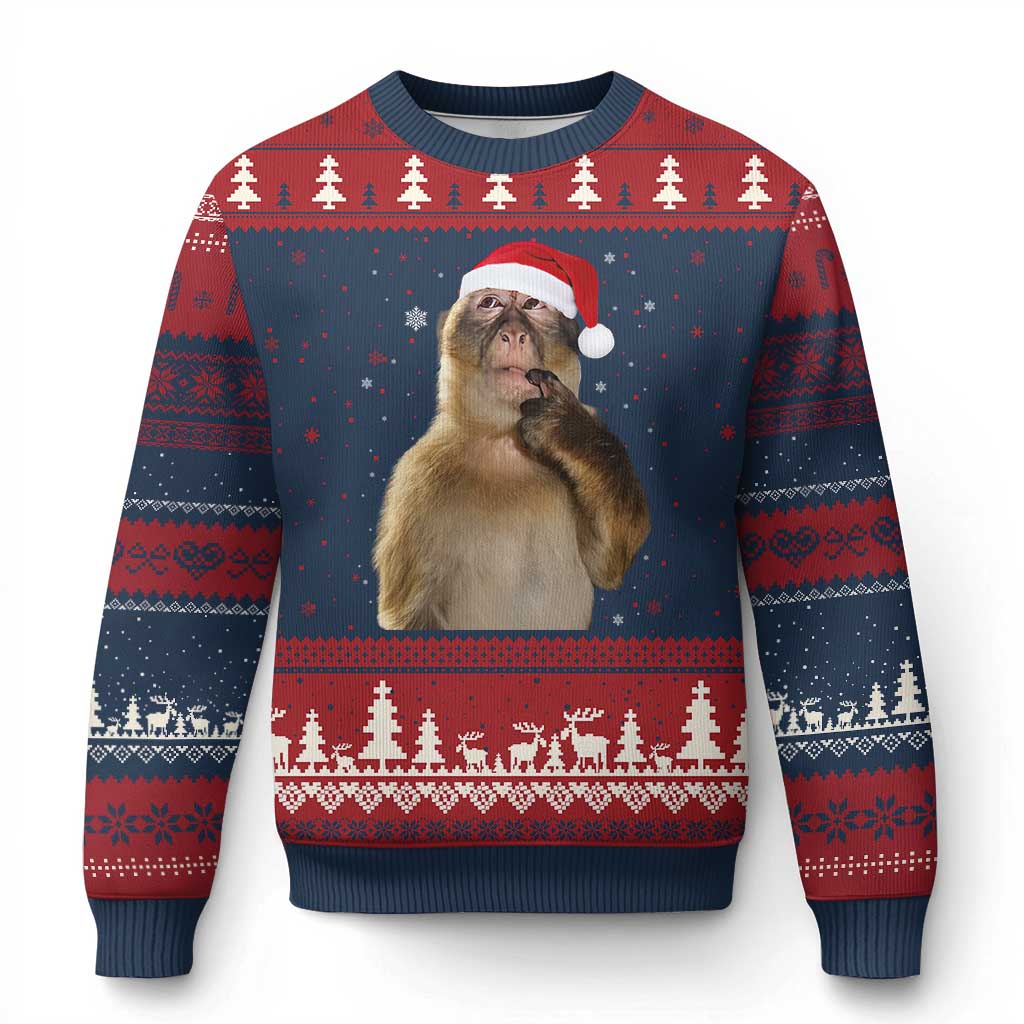 Xmas Thinking Monkey Meme Humor Brainrot Ugly Christmas Sweater TS11 Navy Red Print Your Wear