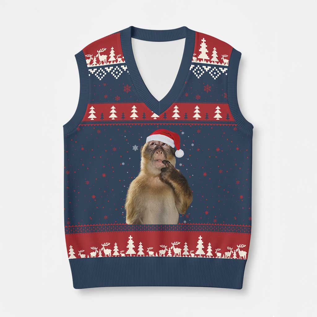 Xmas Thinking Monkey Meme Humor Brainrot V-Neck Knit Sweater Vest TS11 Navy Red Print Your Wear