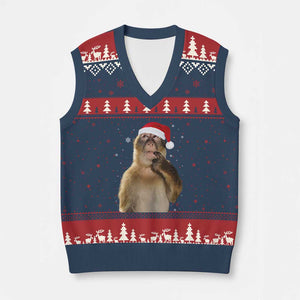 Xmas Thinking Monkey Meme Humor Brainrot V-Neck Knit Sweater Vest TS11 Navy Red Print Your Wear