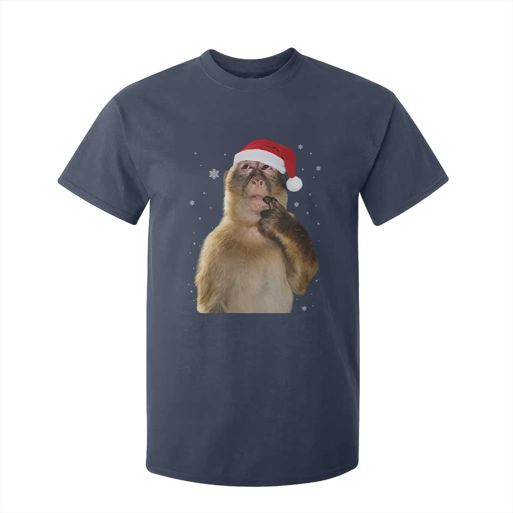 Christmas Thinking Monkey Meme Humor Brainrot T Shirt For Kid TS11 Navy Print Your Wear