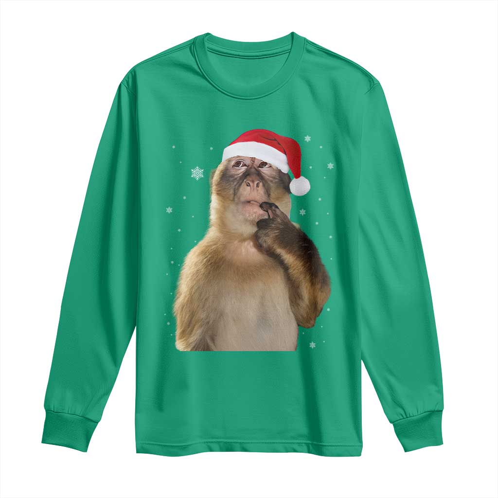 Christmas Thinking Monkey Meme Humor Brainrot Long Sleeve Shirt TS11 Irish Green Print Your Wear