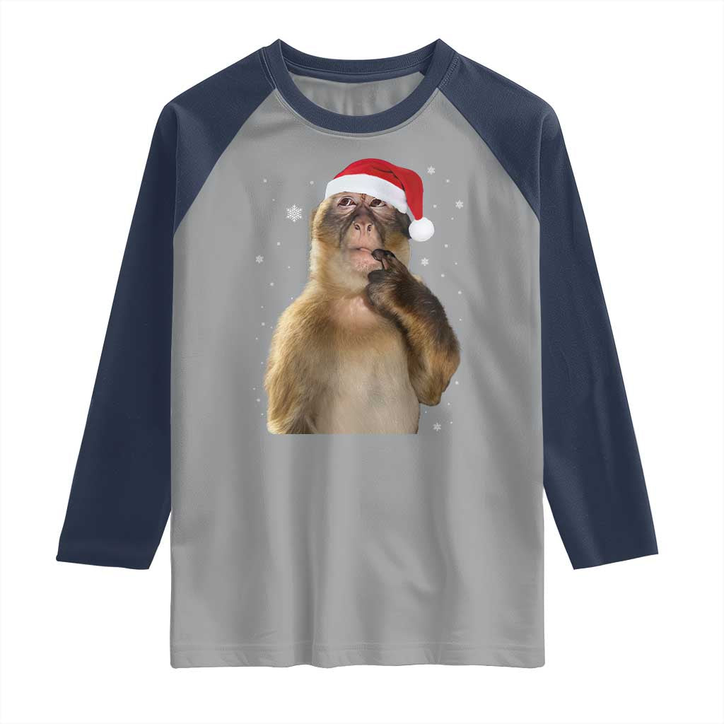 Christmas Thinking Monkey Meme Humor Brainrot Raglan Shirt TS11 Sport Gray Navy Print Your Wear