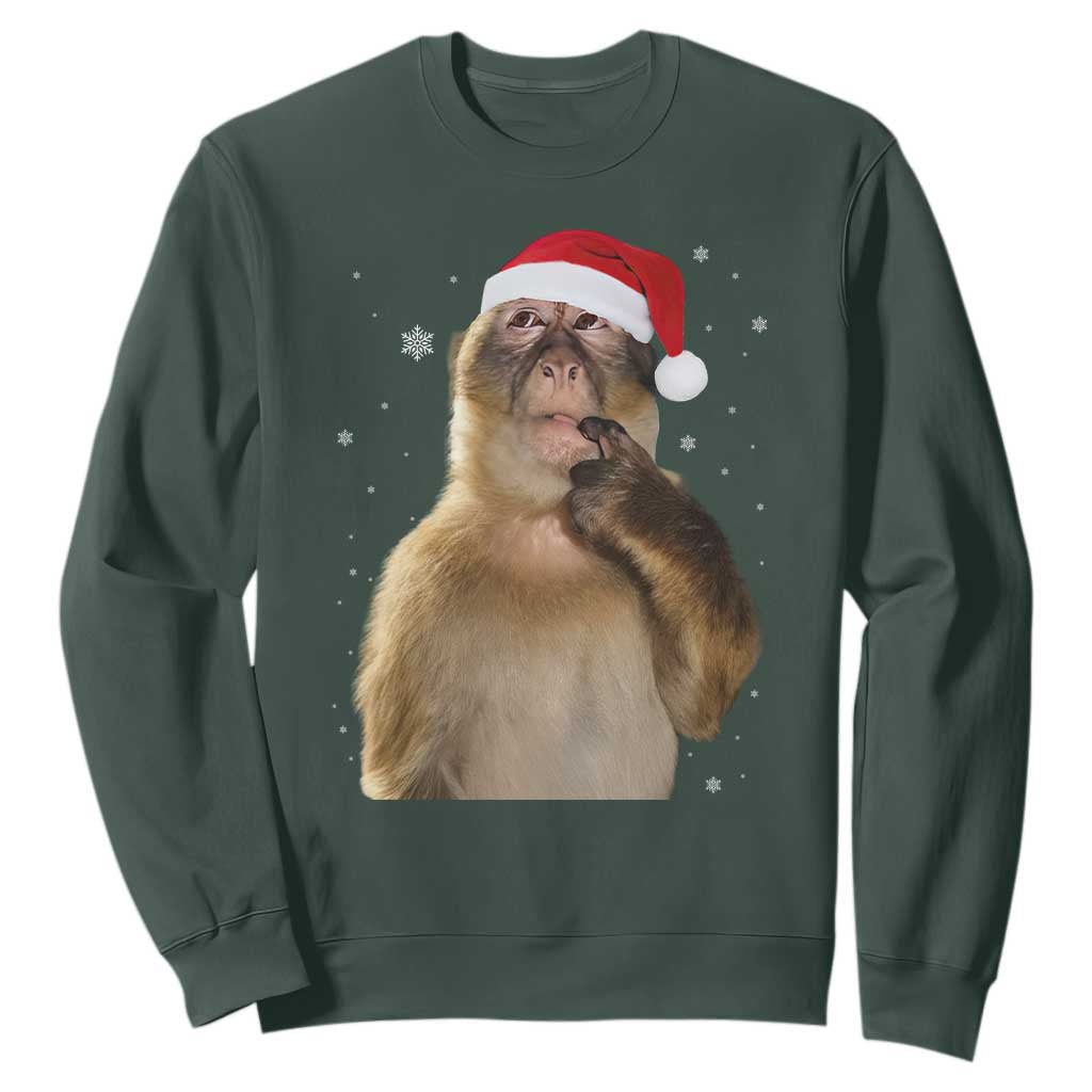 Christmas Thinking Monkey Meme Humor Brainrot Sweatshirt TS11 Dark Forest Green Print Your Wear