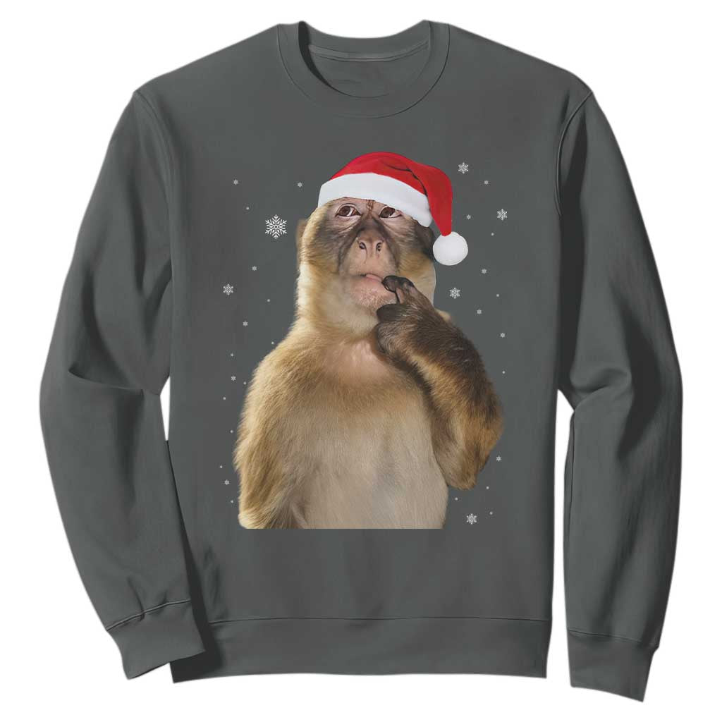 Christmas Thinking Monkey Meme Humor Brainrot Sweatshirt TS11 Dark Heather Print Your Wear