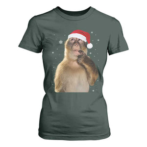 Christmas Thinking Monkey Meme Humor Brainrot T Shirt For Women TS11 Dark Forest Green Print Your Wear