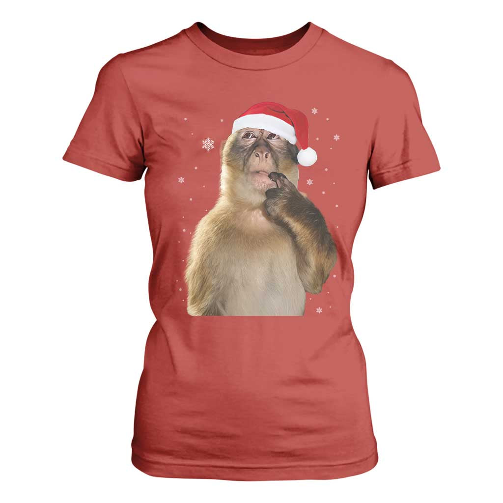 Christmas Thinking Monkey Meme Humor Brainrot T Shirt For Women TS11 Red Print Your Wear