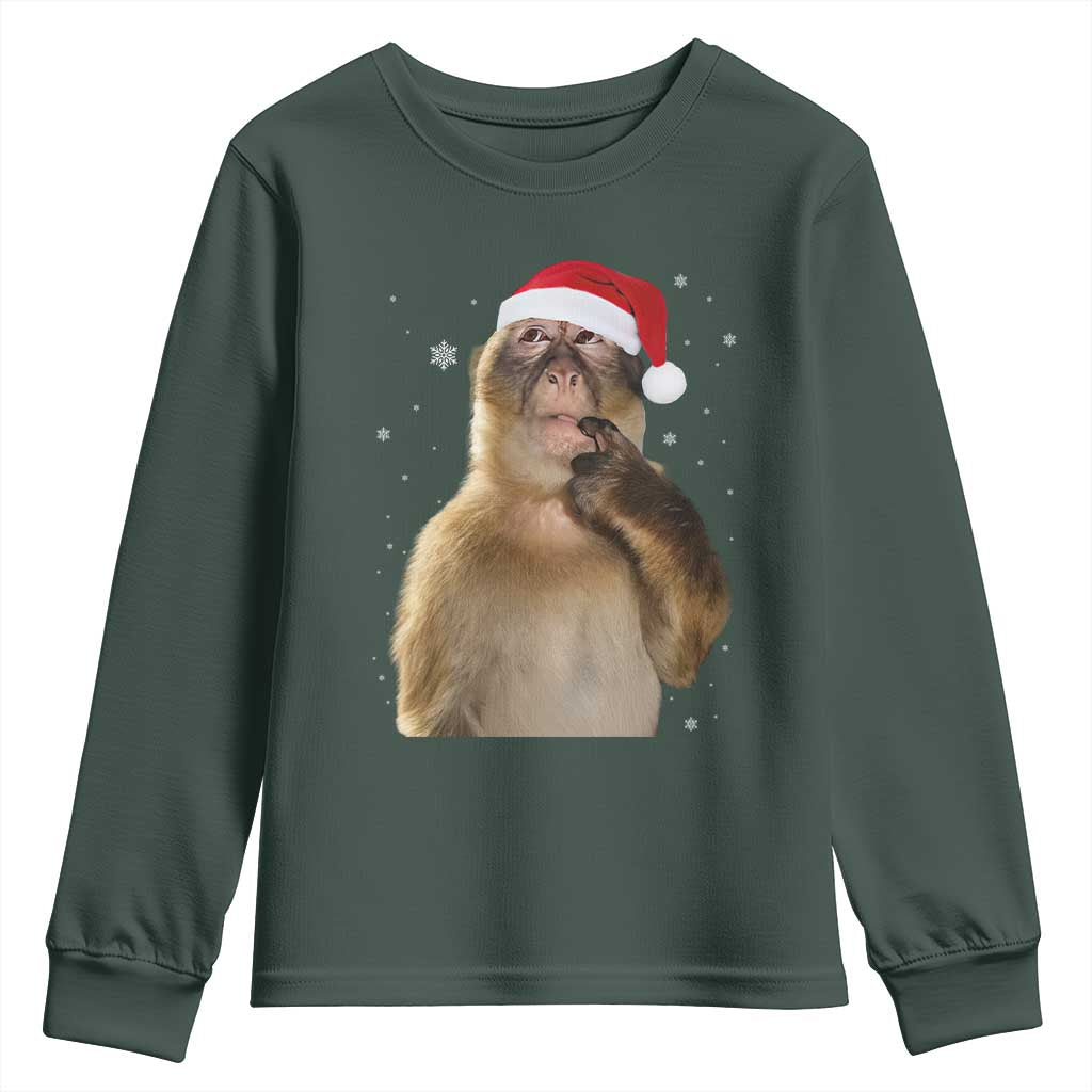 Christmas Thinking Monkey Meme Humor Brainrot Youth Sweatshirt TS11 Dark Forest Green Print Your Wear