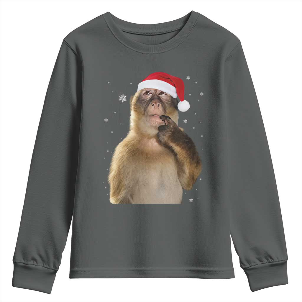Christmas Thinking Monkey Meme Humor Brainrot Youth Sweatshirt TS11 Dark Heather Print Your Wear