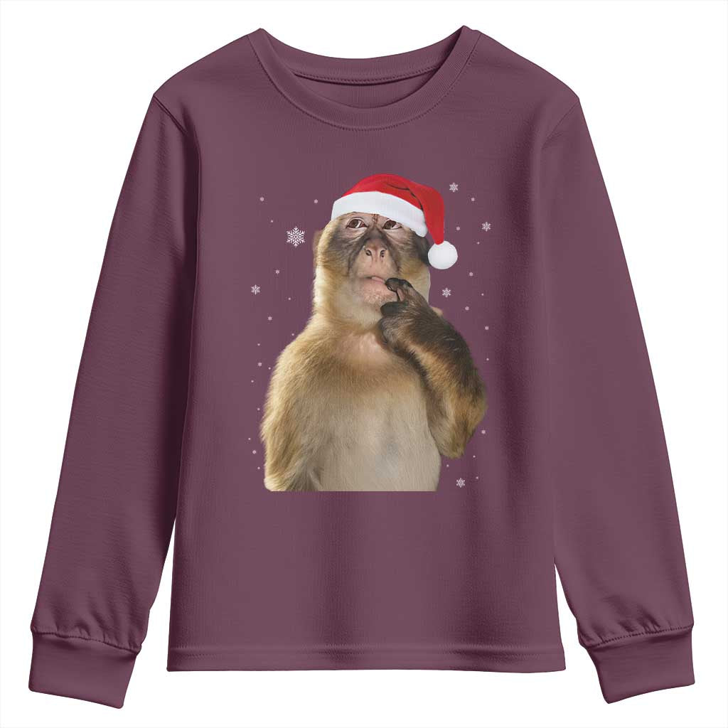 Christmas Thinking Monkey Meme Humor Brainrot Youth Sweatshirt TS11 Maroon Print Your Wear