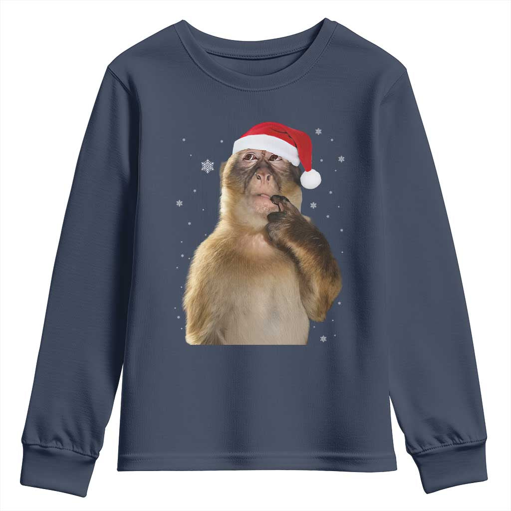 Christmas Thinking Monkey Meme Humor Brainrot Youth Sweatshirt TS11 Navy Print Your Wear