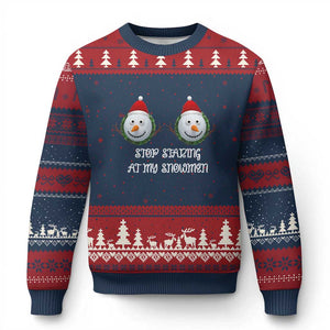 Funny Xmas Adult Humor Ugly Christmas Sweater Stop Staring At My Snowmen Boobs Xmas Embarrassing TS11 Navy Red Print Your Wear