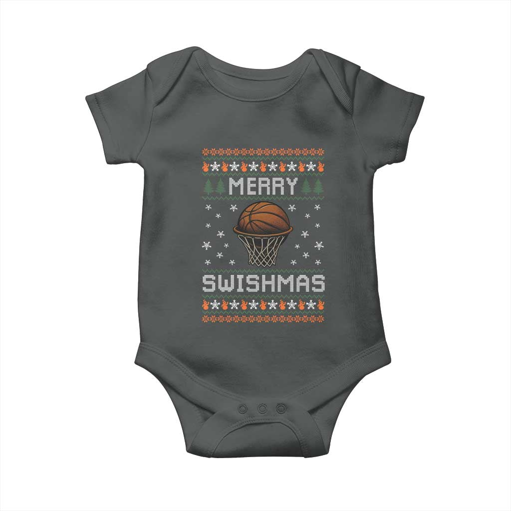Funny Christmas Basketball Baby Onesie Merry Swishmas Ugly Xmas Swish Technique TS11 Dark Heather Print Your Wear