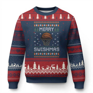 Funny Xmas Basketball Ugly Christmas Sweater Merry Swishmas Ugly Xmas Swish Technique TS11 Navy Red Print Your Wear