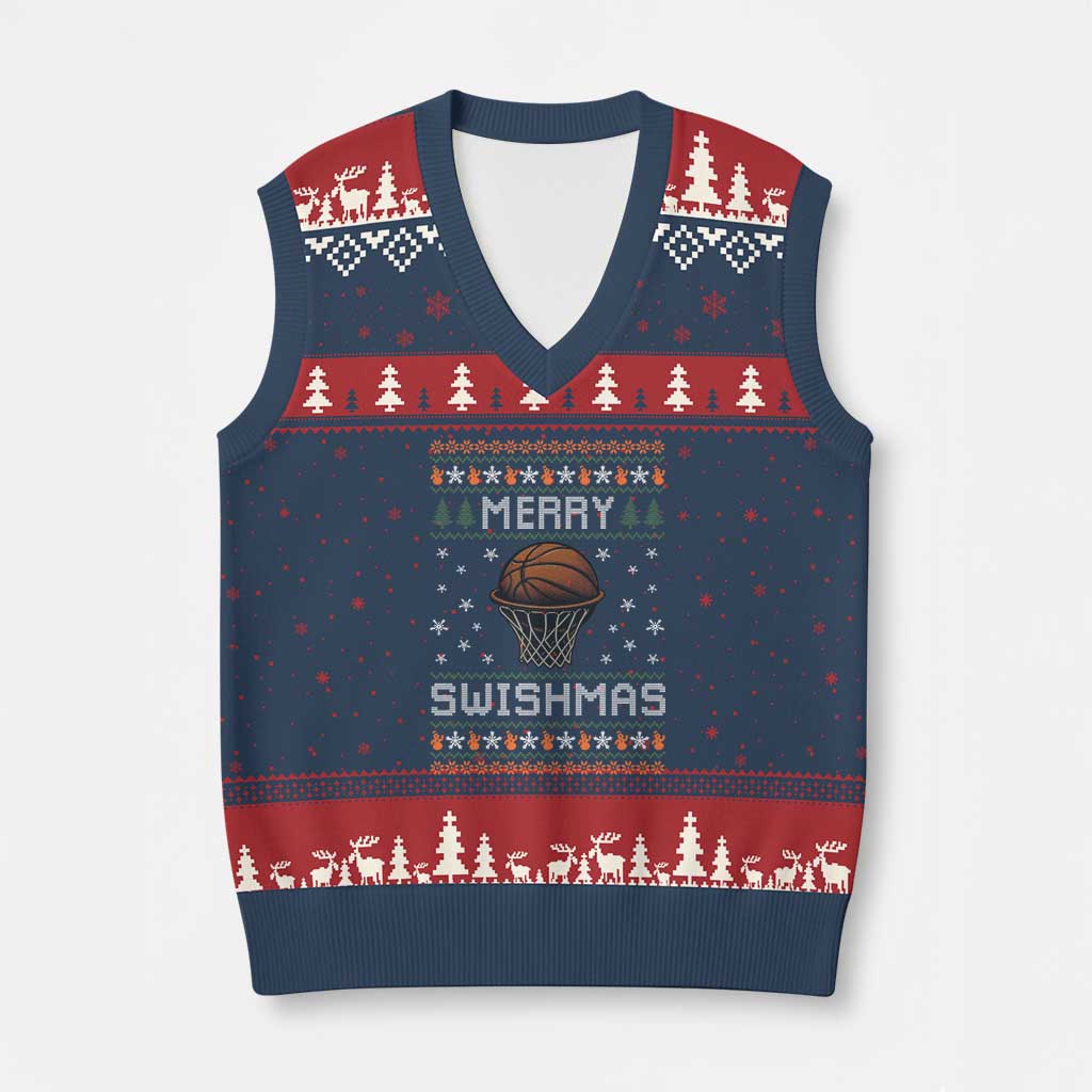 Funny Xmas Basketball V-Neck Knit Sweater Vest Merry Swishmas Ugly Xmas Swish Technique TS11 Navy Red Print Your Wear