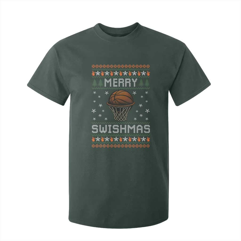 Funny Christmas Basketball T Shirt For Kid Merry Swishmas Ugly Xmas Swish Technique TS11 Dark Forest Green Print Your Wear