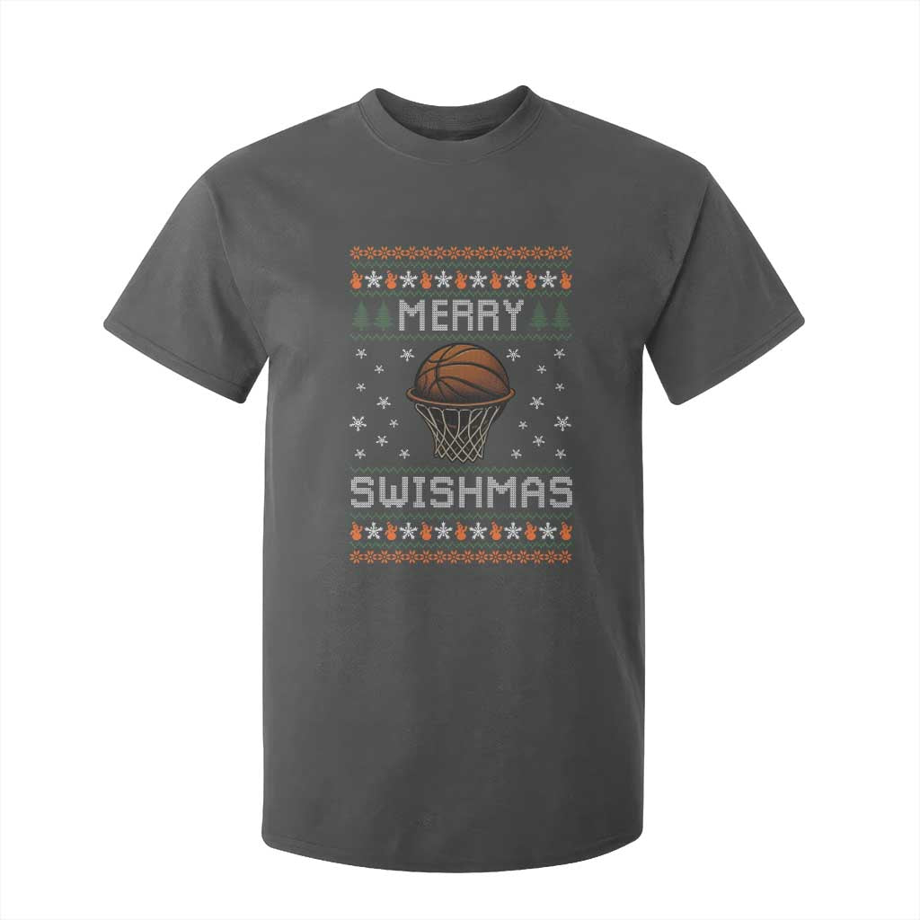 Funny Christmas Basketball T Shirt For Kid Merry Swishmas Ugly Xmas Swish Technique TS11 Dark Heather Print Your Wear