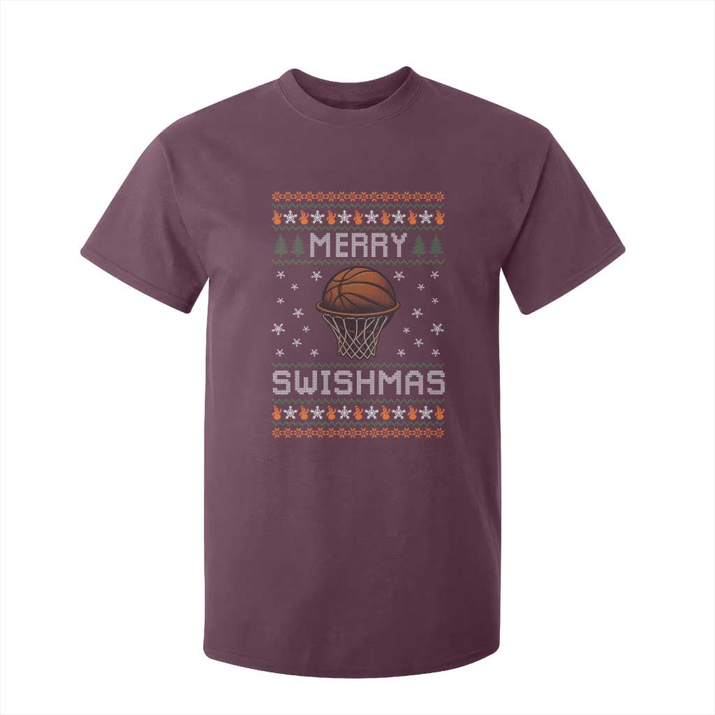 Funny Christmas Basketball T Shirt For Kid Merry Swishmas Ugly Xmas Swish Technique TS11 Maroon Print Your Wear