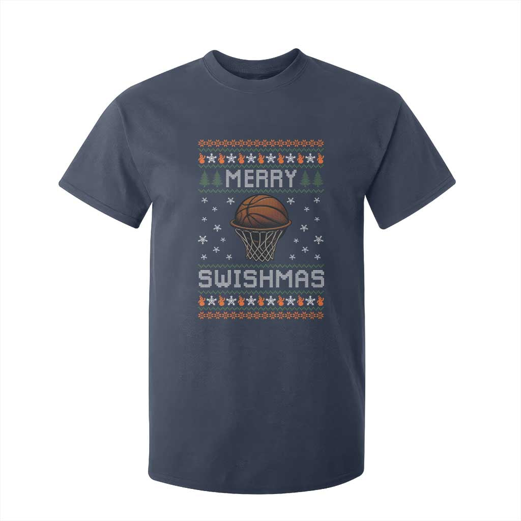 Funny Christmas Basketball T Shirt For Kid Merry Swishmas Ugly Xmas Swish Technique TS11 Navy Print Your Wear