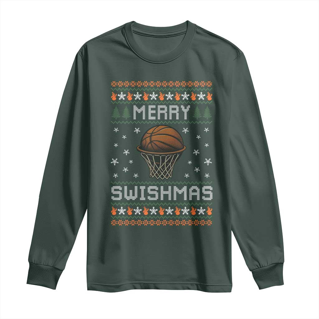 Funny Christmas Basketball Long Sleeve Shirt Merry Swishmas Ugly Xmas Swish Technique TS11 Dark Forest Green Print Your Wear