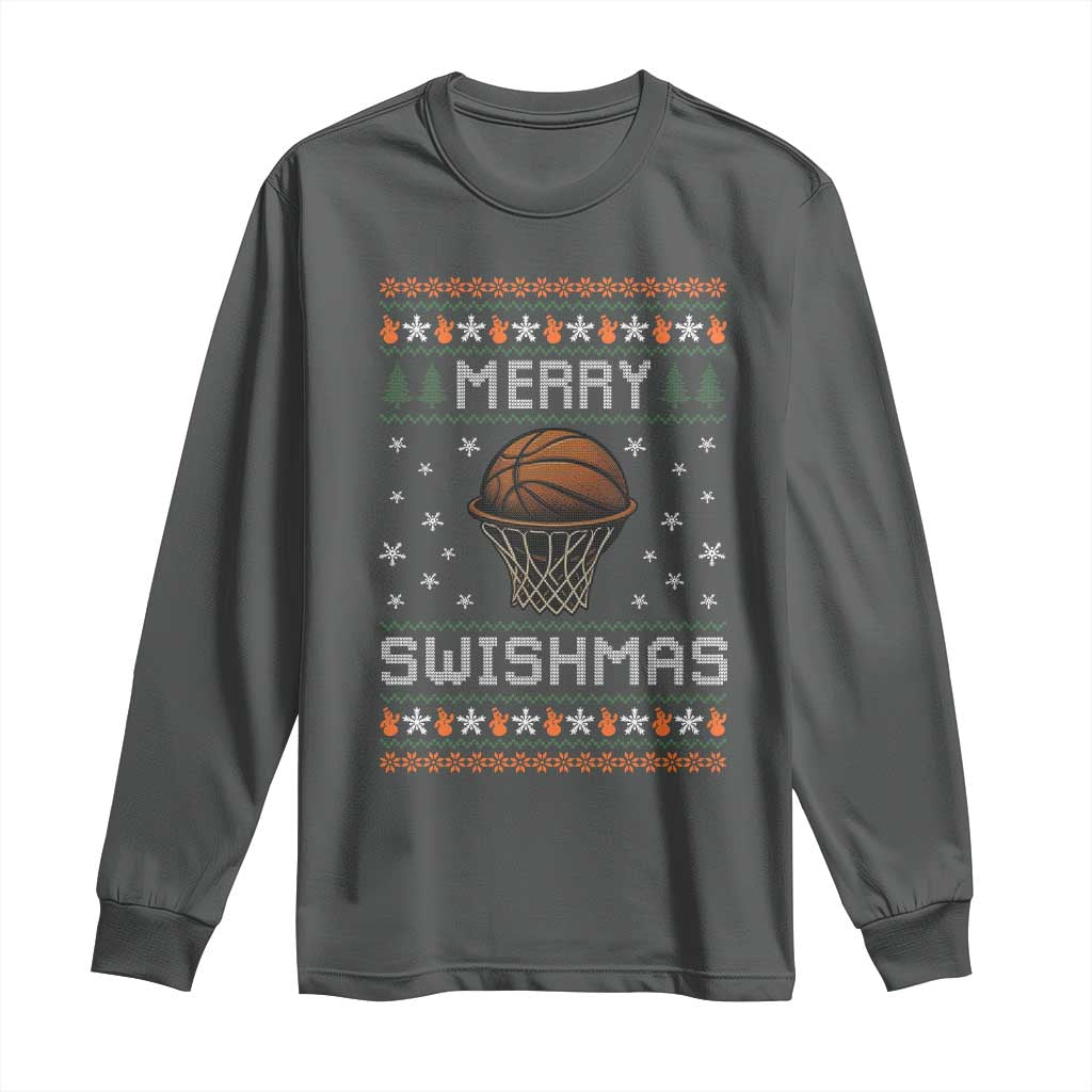 Funny Christmas Basketball Long Sleeve Shirt Merry Swishmas Ugly Xmas Swish Technique TS11 Dark Heather Print Your Wear