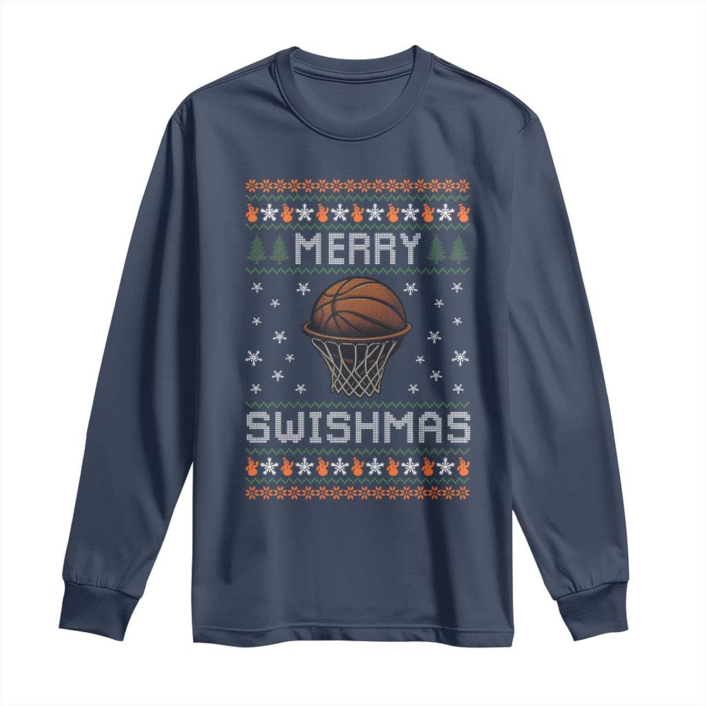 Funny Christmas Basketball Long Sleeve Shirt Merry Swishmas Ugly Xmas Swish Technique TS11 Navy Print Your Wear