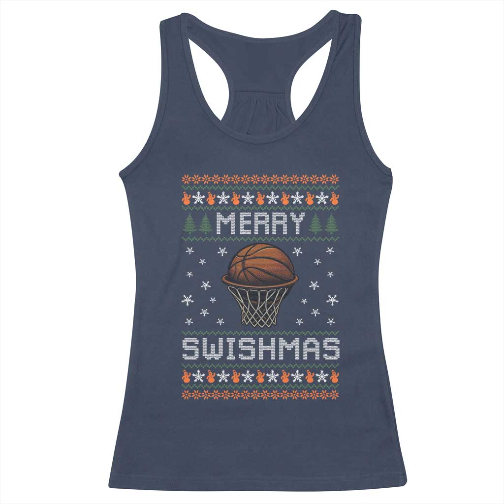 Funny Christmas Basketball Racerback Tank Top Merry Swishmas Ugly Xmas Swish Technique TS11 Navy Print Your Wear