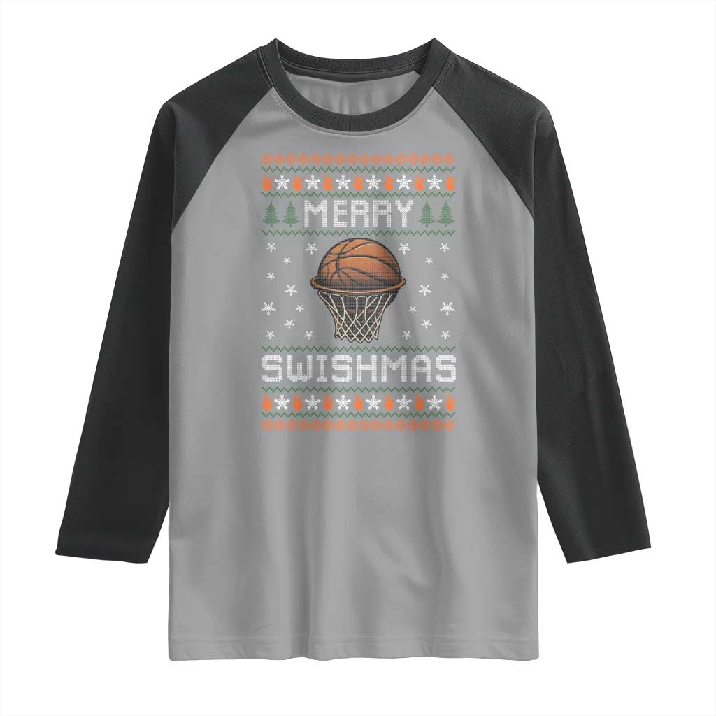 Funny Christmas Basketball Raglan Shirt Merry Swishmas Ugly Xmas Swish Technique TS11 Sport Gray Black Print Your Wear