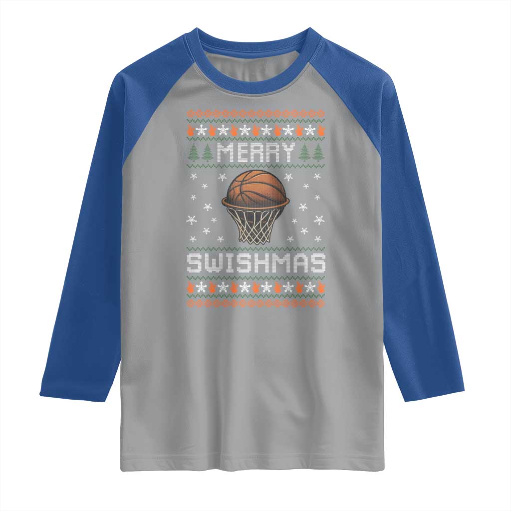 Funny Christmas Basketball Raglan Shirt Merry Swishmas Ugly Xmas Swish Technique TS11 Sport Gray Royal Print Your Wear