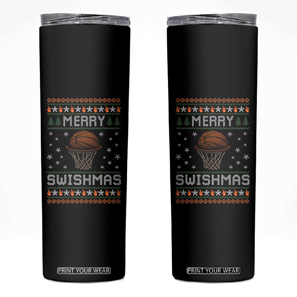 Funny Christmas Basketball Skinny Tumbler Merry Swishmas Ugly Xmas Swish Technique TS11 Black Print Your Wear