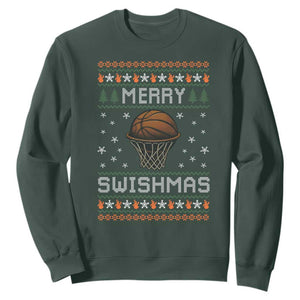 Funny Christmas Basketball Sweatshirt Merry Swishmas Ugly Xmas Swish Technique TS11 Dark Forest Green Print Your Wear