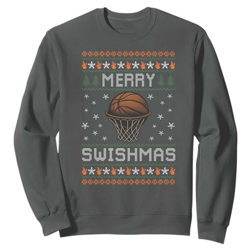 Funny Christmas Basketball Sweatshirt Merry Swishmas Ugly Xmas Swish Technique TS11 Dark Heather Print Your Wear