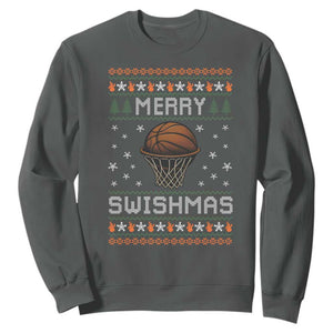 Funny Christmas Basketball Sweatshirt Merry Swishmas Ugly Xmas Swish Technique TS11 Dark Heather Print Your Wear