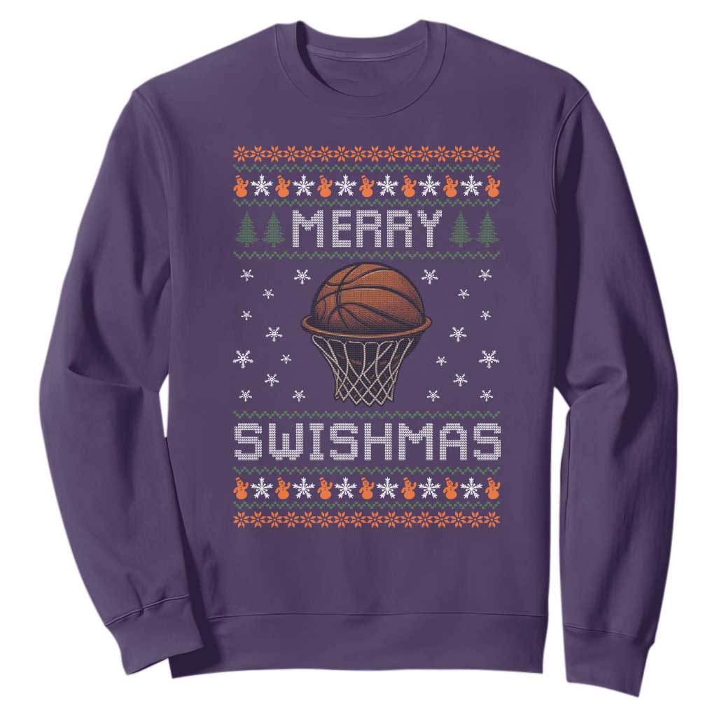Funny Christmas Basketball Sweatshirt Merry Swishmas Ugly Xmas Swish Technique TS11 Purple Print Your Wear