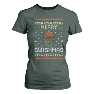Funny Christmas Basketball T Shirt For Women Merry Swishmas Ugly Xmas Swish Technique TS11 Dark Forest Green Print Your Wear