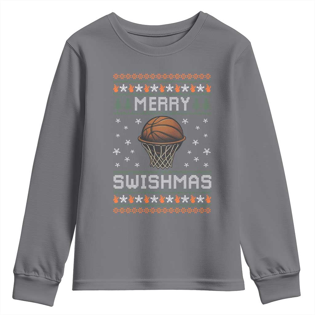 Funny Christmas Basketball Youth Sweatshirt Merry Swishmas Ugly Xmas Swish Technique TS11 Charcoal Print Your Wear