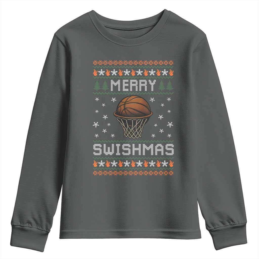 Funny Christmas Basketball Youth Sweatshirt Merry Swishmas Ugly Xmas Swish Technique TS11 Dark Heather Print Your Wear
