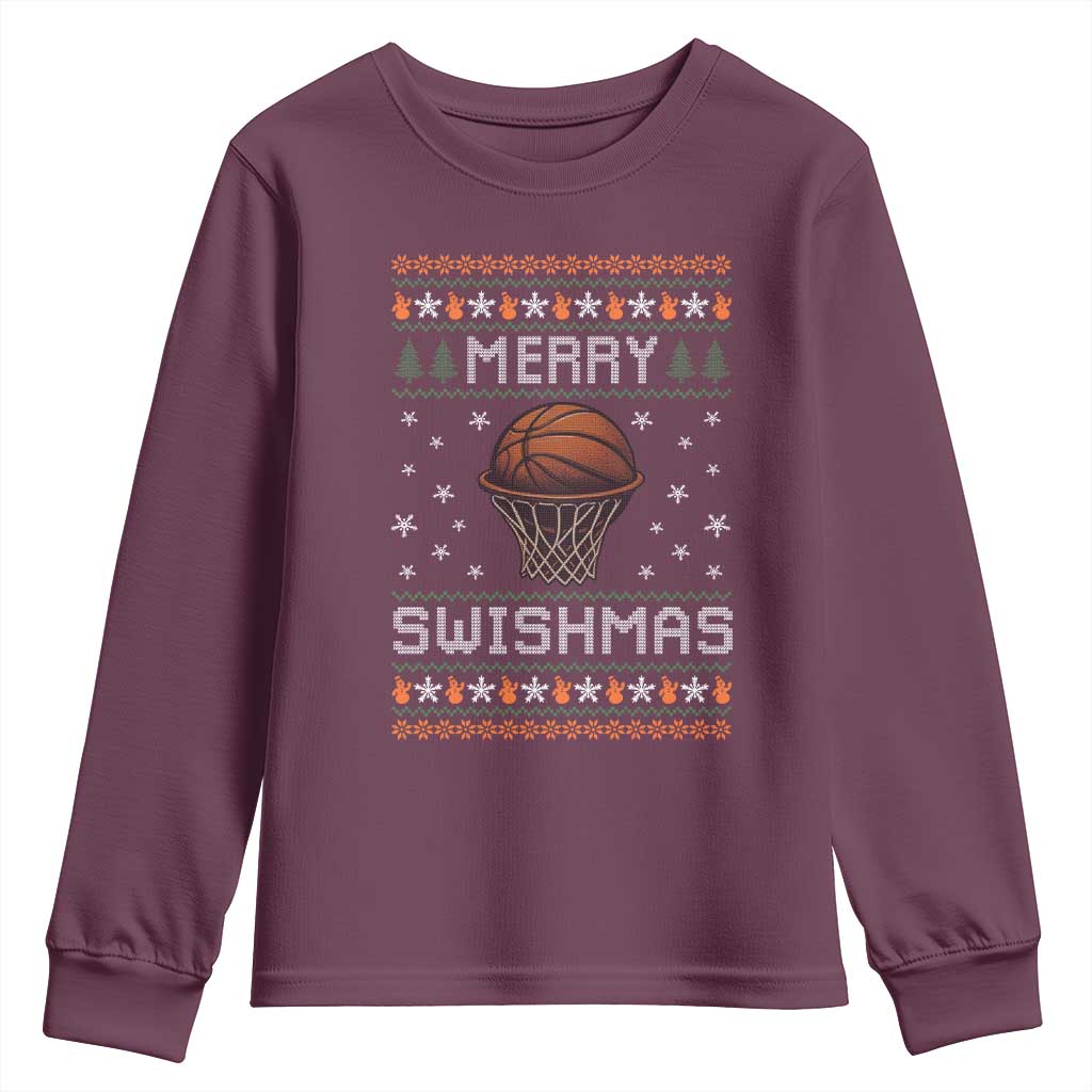 Funny Christmas Basketball Youth Sweatshirt Merry Swishmas Ugly Xmas Swish Technique TS11 Maroon Print Your Wear