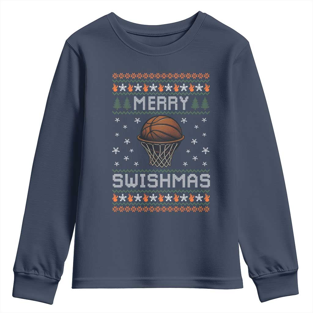 Funny Christmas Basketball Youth Sweatshirt Merry Swishmas Ugly Xmas Swish Technique TS11 Navy Print Your Wear
