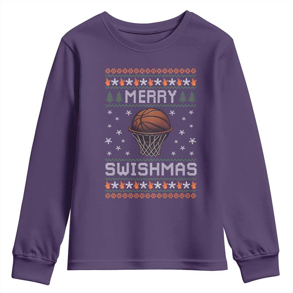 Funny Christmas Basketball Youth Sweatshirt Merry Swishmas Ugly Xmas Swish Technique TS11 Purple Print Your Wear