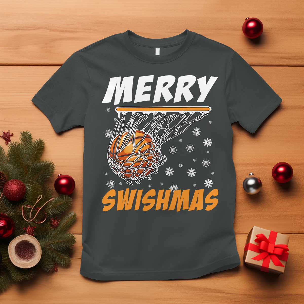 Funny Christmas Basketball T Shirt Merry Swishmas Xmas Swish Technique TS11 Dark Heather Print Your Wear