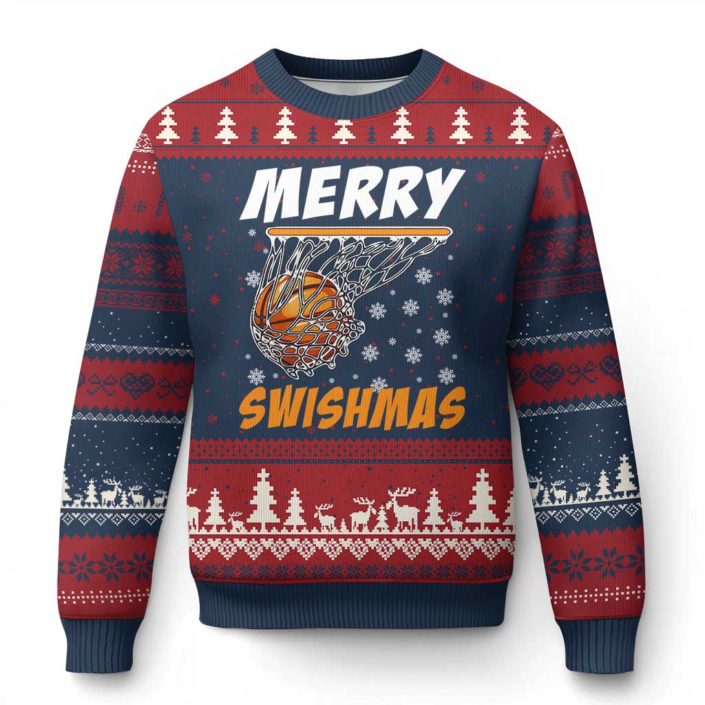 Funny Xmas Basketball Ugly Christmas Sweater Merry Swishmas Xmas Swish Technique TS11 Navy Red Print Your Wear