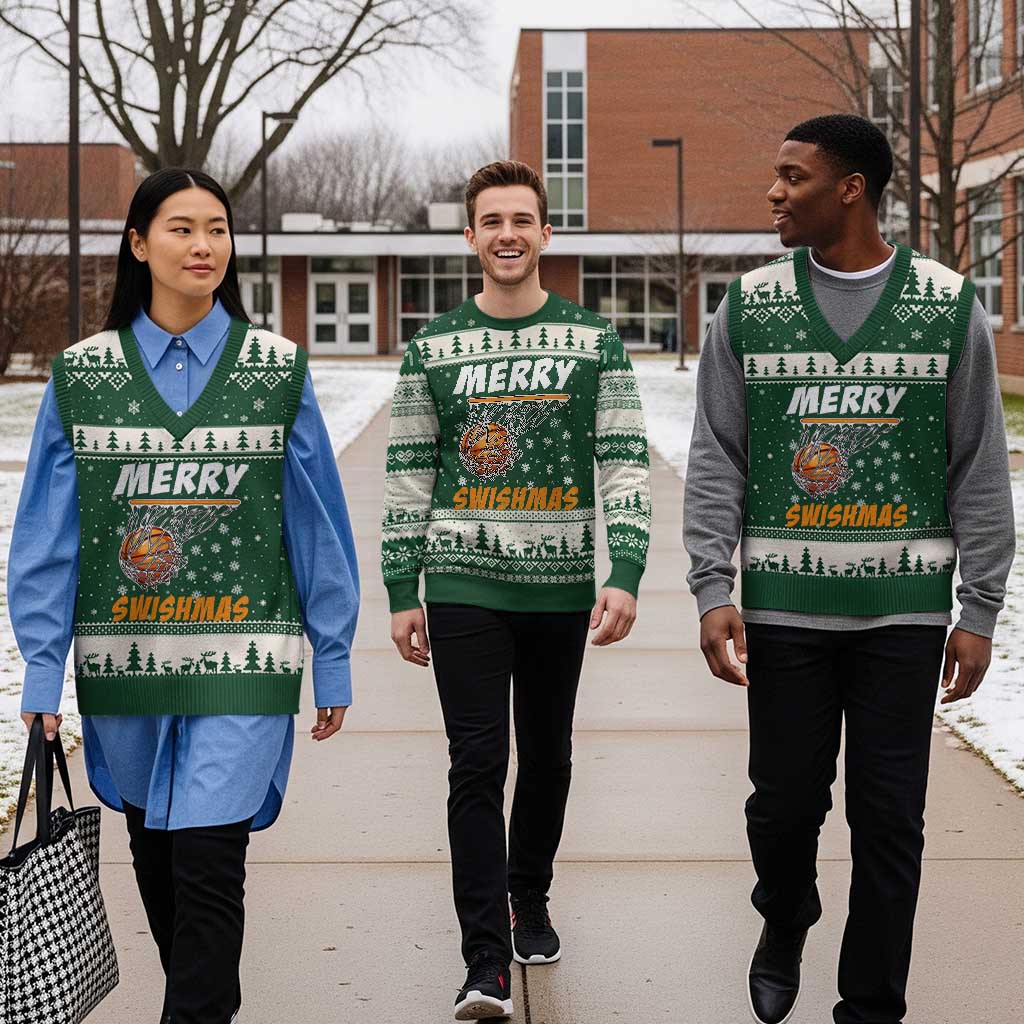 Funny Xmas Basketball V-Neck Knit Sweater Vest Merry Swishmas Xmas Swish Technique TS11 Forest Green Beige Print Your Wear