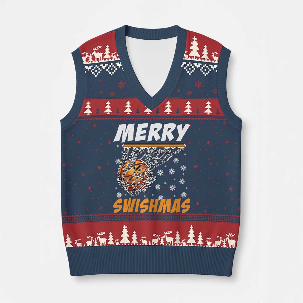 Funny Xmas Basketball V-Neck Knit Sweater Vest Merry Swishmas Xmas Swish Technique TS11 Navy Red Print Your Wear