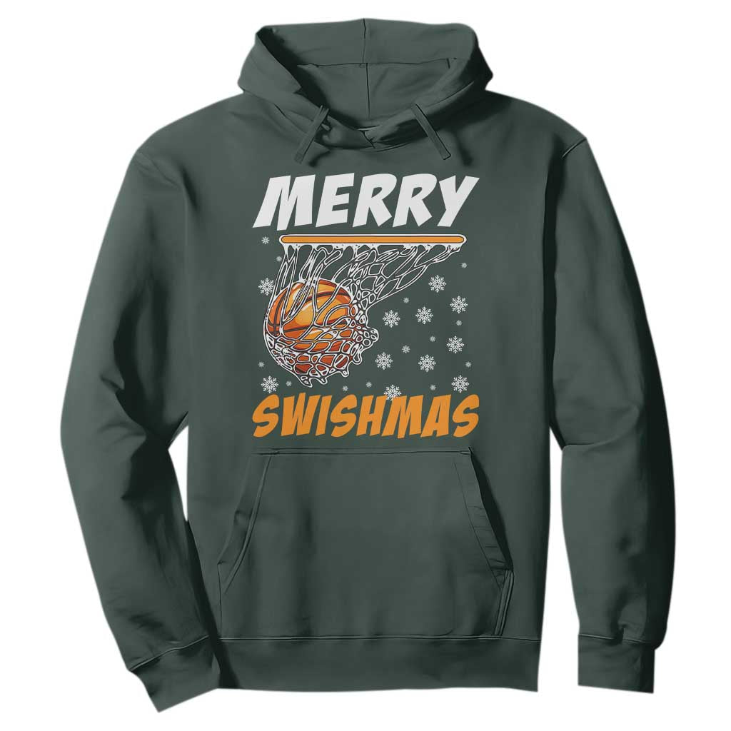 Funny Christmas Basketball Hoodie Merry Swishmas Xmas Swish Technique TS11 Dark Forest Green Print Your Wear
