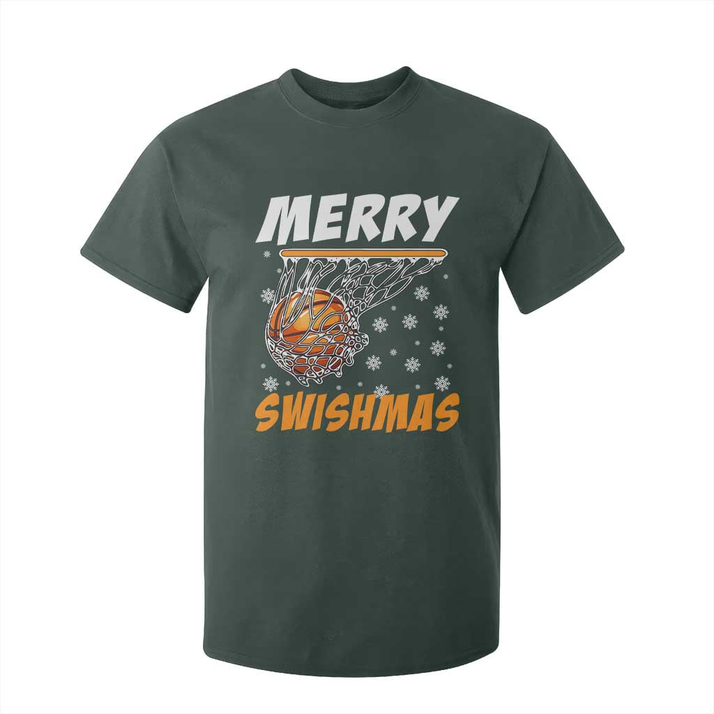 Funny Christmas Basketball T Shirt For Kid Merry Swishmas Xmas Swish Technique TS11 Dark Forest Green Print Your Wear