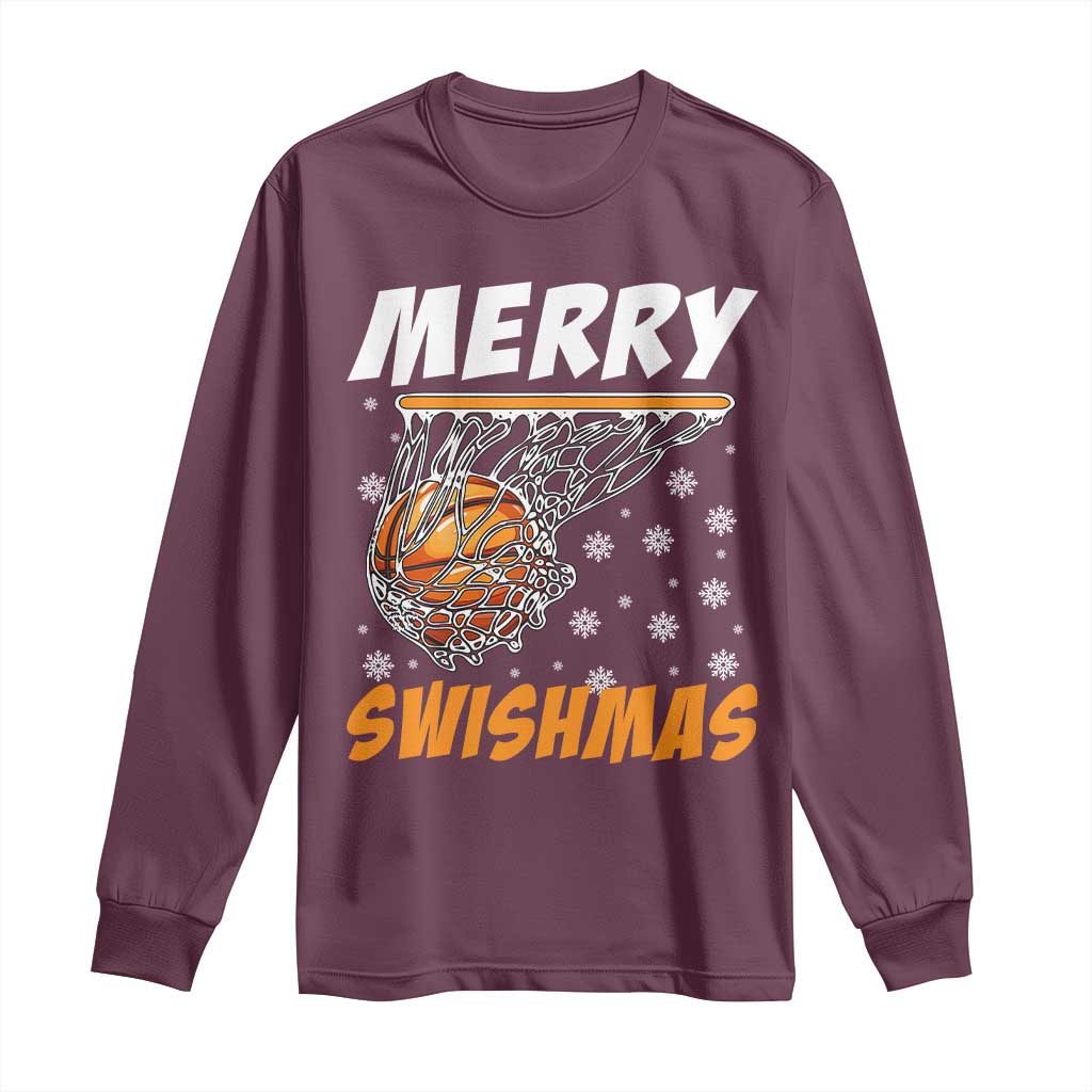 Funny Christmas Basketball Long Sleeve Shirt Merry Swishmas Xmas Swish Technique TS11 Maroon Print Your Wear