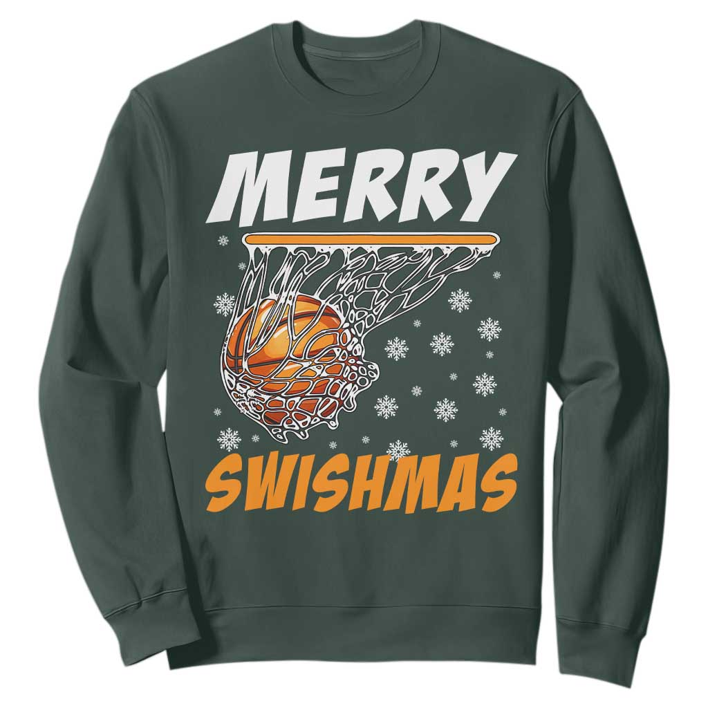 Funny Christmas Basketball Sweatshirt Merry Swishmas Xmas Swish Technique TS11 Dark Forest Green Print Your Wear