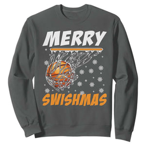 Funny Christmas Basketball Sweatshirt Merry Swishmas Xmas Swish Technique TS11 Dark Heather Print Your Wear