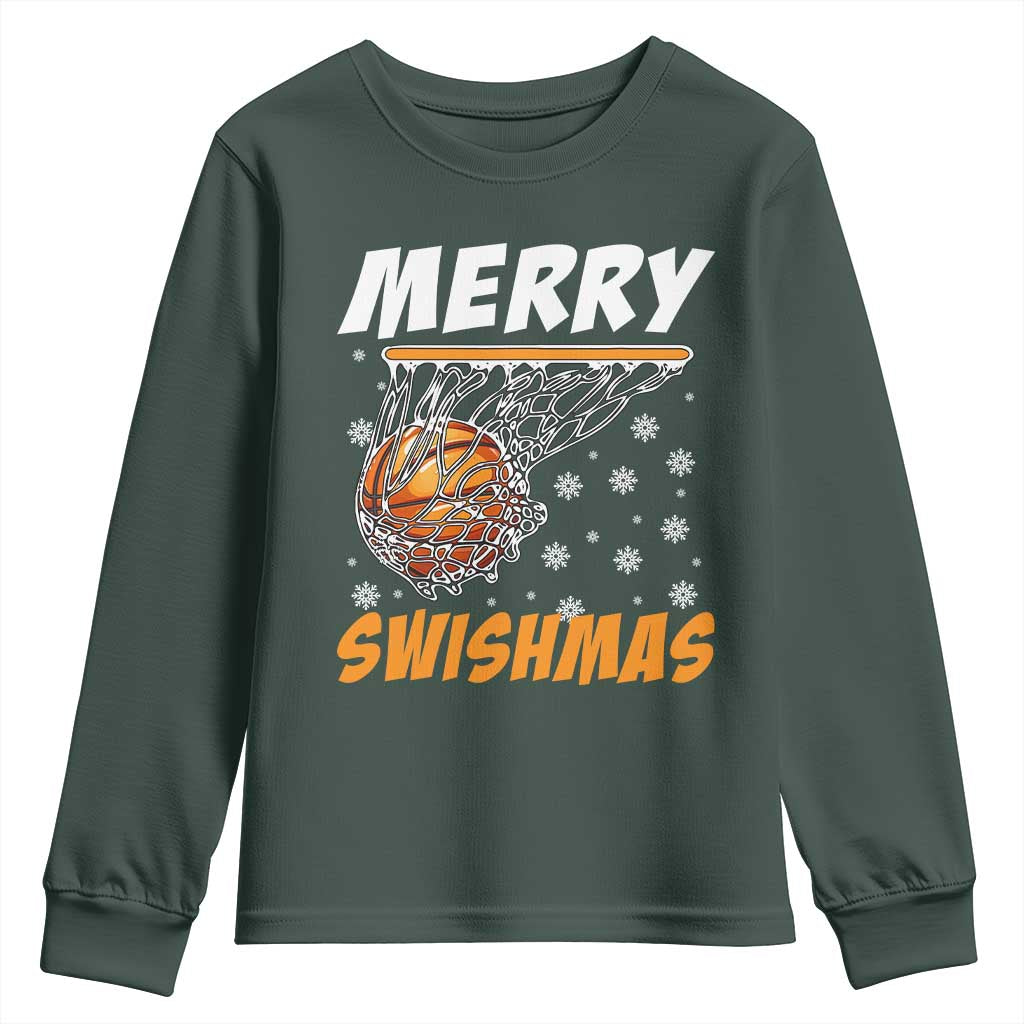 Funny Christmas Basketball Youth Sweatshirt Merry Swishmas Xmas Swish Technique TS11 Dark Forest Green Print Your Wear