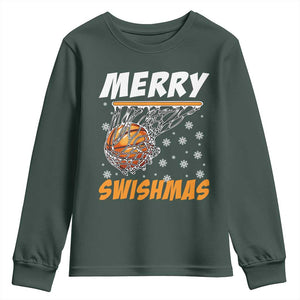 Funny Christmas Basketball Youth Sweatshirt Merry Swishmas Xmas Swish Technique TS11 Dark Forest Green Print Your Wear